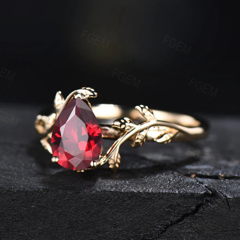Pear Shaped Ruby Gemstone Jewelry 14K Yellow Gold Twig Leaf Ruby Engagement Ring