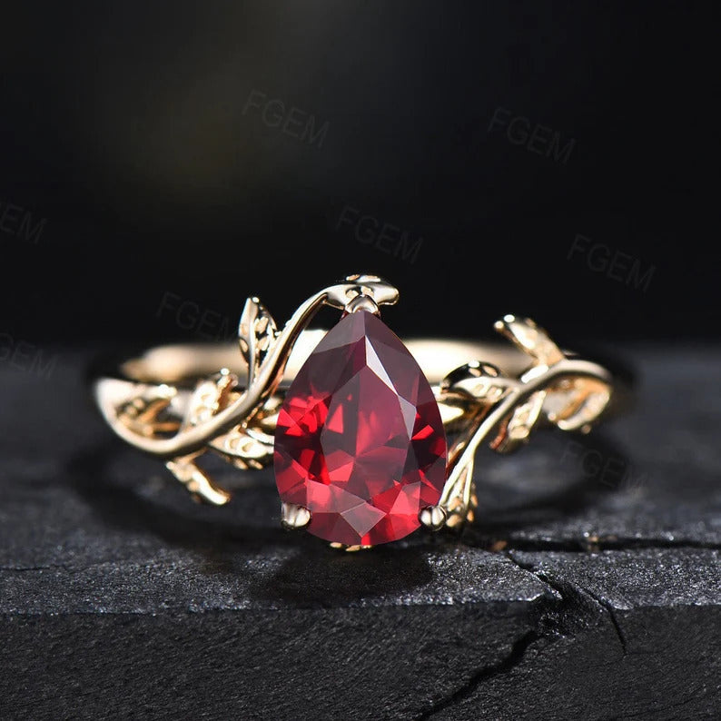 Pear Shaped Ruby Gemstone Jewelry 14K Yellow Gold Twig Leaf Ruby Engagement Ring