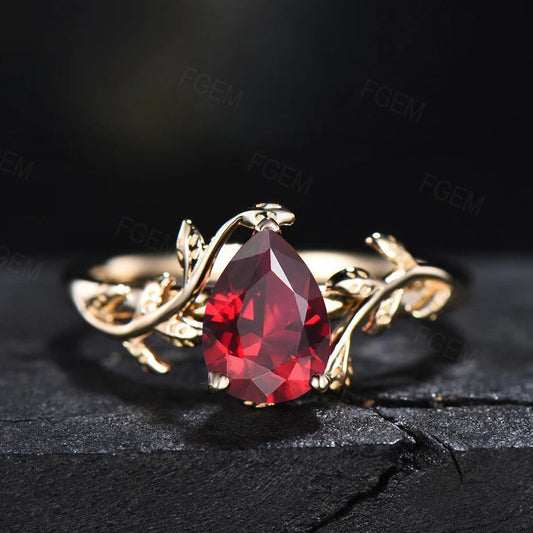 Pear Shaped Ruby Gemstone Jewelry 14K Yellow Gold Twig Leaf Ruby Engagement Ring