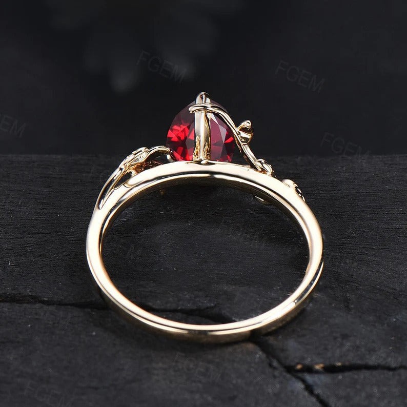 Pear Shaped Ruby Gemstone Jewelry 14K Yellow Gold Twig Leaf Ruby Engagement Ring